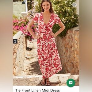 NWT Boden White and Red Floral Tie-Front Linen Midi Dress